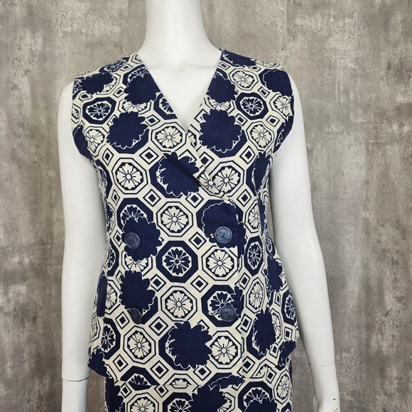 Vintage 60s Handmade 2 Piece Skirt Set S Navy White Floral Mod Sleeveless Top - Picture 3 of 10